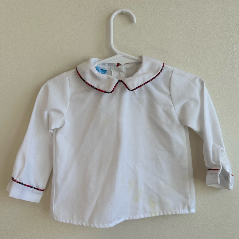 Baby white collar shirt with plaid trim. Size 12 months